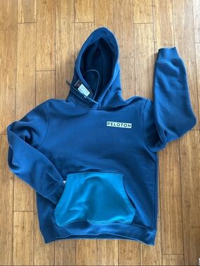 Peloton Men's Navy Hoodie with Teal Pocket and Drawcords